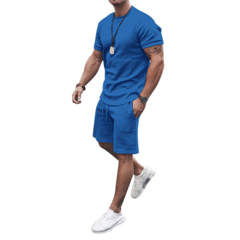 Pantalones cortos de Fitness para hombre, camiseta de manga corta de verano, conjunto de 2 piezas, traje deportivo informal de cuello redondo de tendencia holgada, M---5XL XL