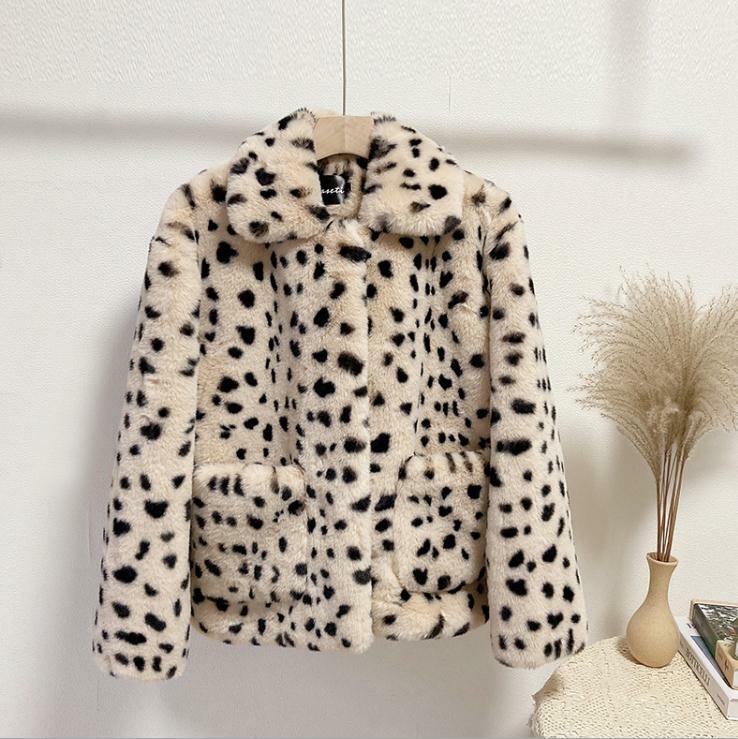 Veste d'hiver en fourrure léopard à col rabattu pour femme, manteau à manches longues et fausse fourrure, vêtement d'extérieur à coupe courte, K1386