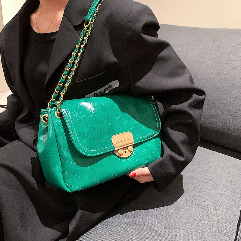 Hohe-qualität Designer Luxus Frauen Leder Handtaschen Grün Ketten Umhängetaschen Marke Schulter Tasche Weibliche Sac Klappe Umhängetasche