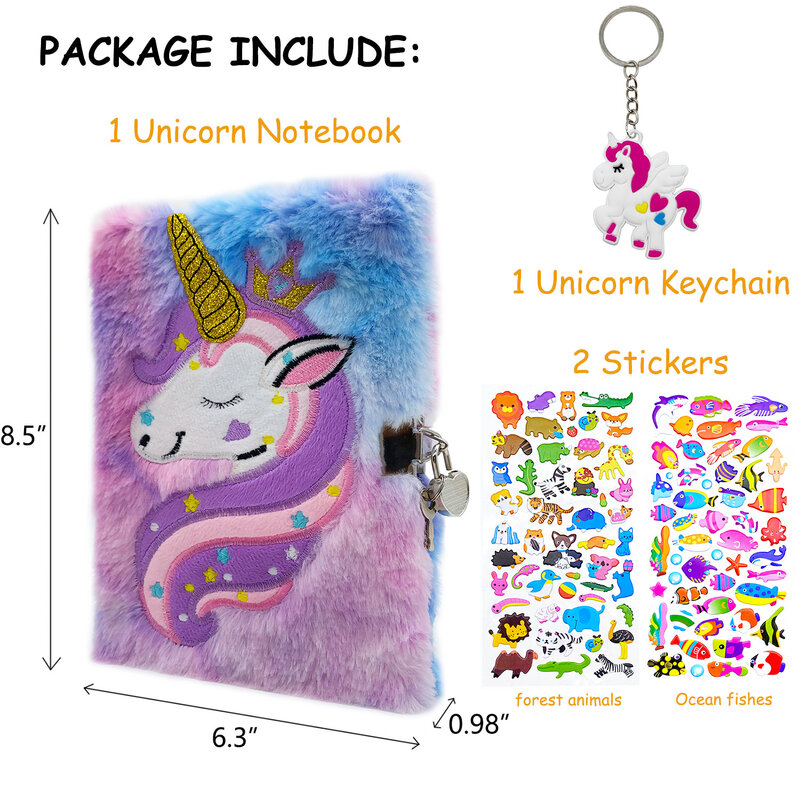 Unicorn Diary with lock & keys for Kid Girls Gift Cute Plush Notebook A5 Size Secret Fuzzy Journal with 1 Keychain + 2 Stickers