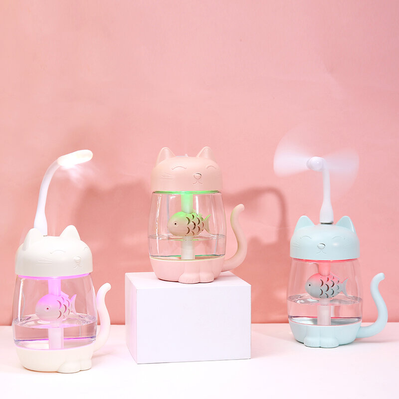 3 in1 350ML USB Cat Air Humidifier Ultrasonic Cool-Mist Adorable Mini Humidificador  With LED Light Mini USB Fan for Home Office