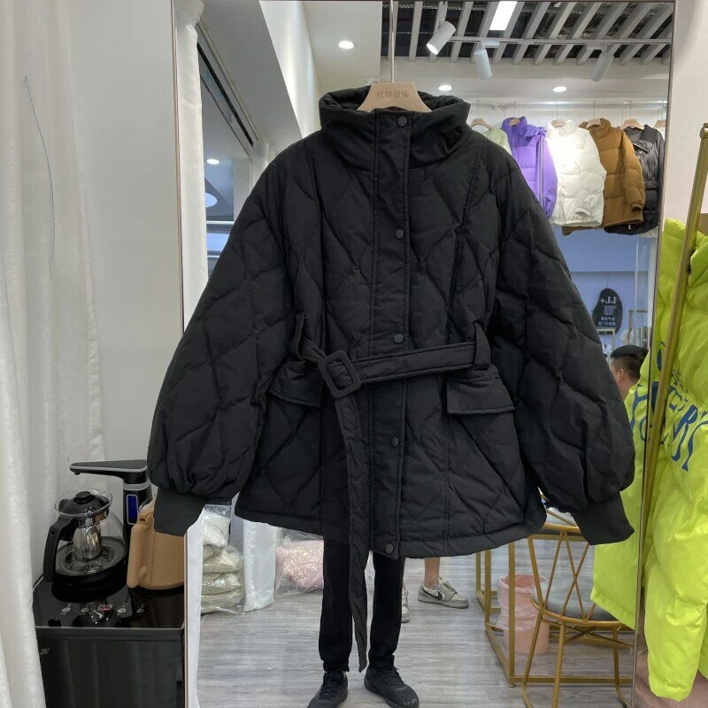 女性の冬のダウンジャケット韓国のファッションダイヤモンド格子ベルトスリムな白いアヒルの暖かいコート暖かい冬の服2021