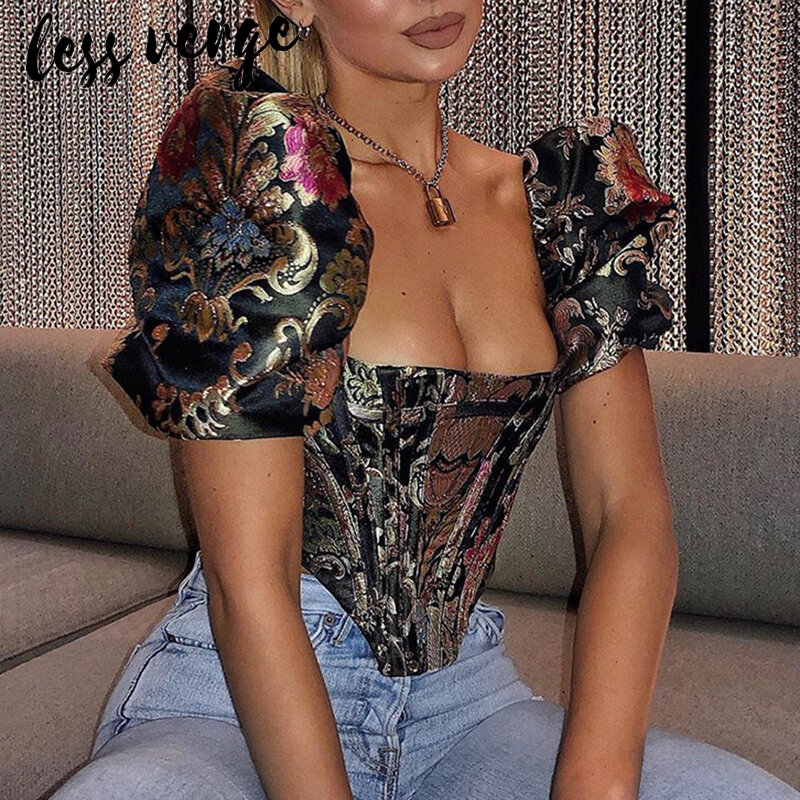 lessverge Embroidered floral black women blouse shirt Puff sleeve elegant party blouses tops Sexy bustier corset crop top