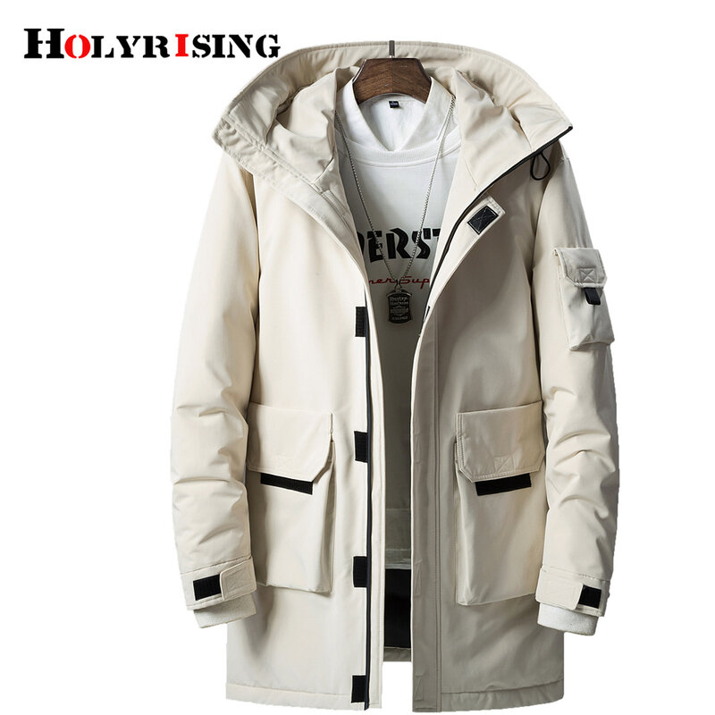 Holyrising-chaqueta larga de plumón de pato para hombre, chaqueta cálida holgada con bolsillos, con capucha, 19341