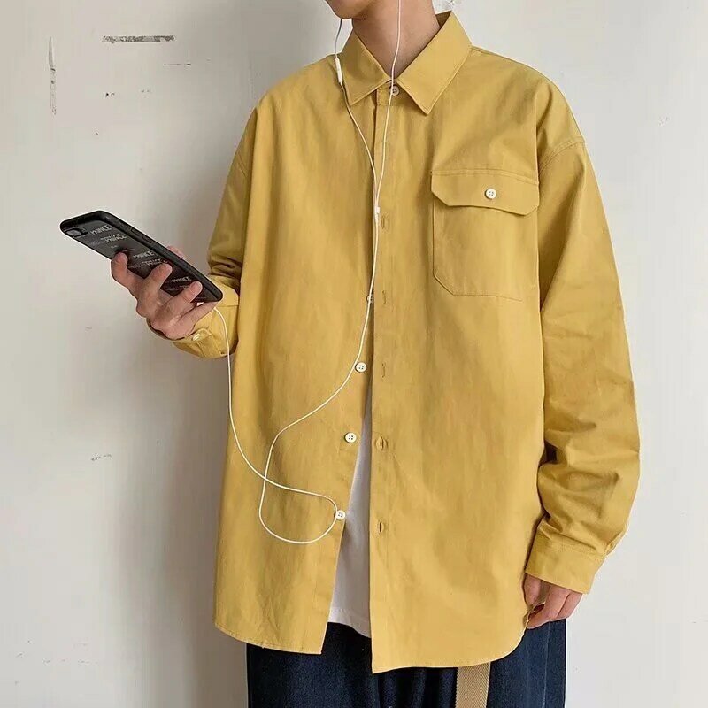 ثمانية ألوان [M-3XL] الرجال الكورية قميص طويل الأكمام اليابانية قميص غير رسمي قميص فضفاض سترة طويلة الأكمام