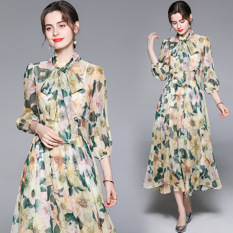 Yg brand women's 2021 summer new yellow camellia print slim holiday elegant long Chiffon Dress