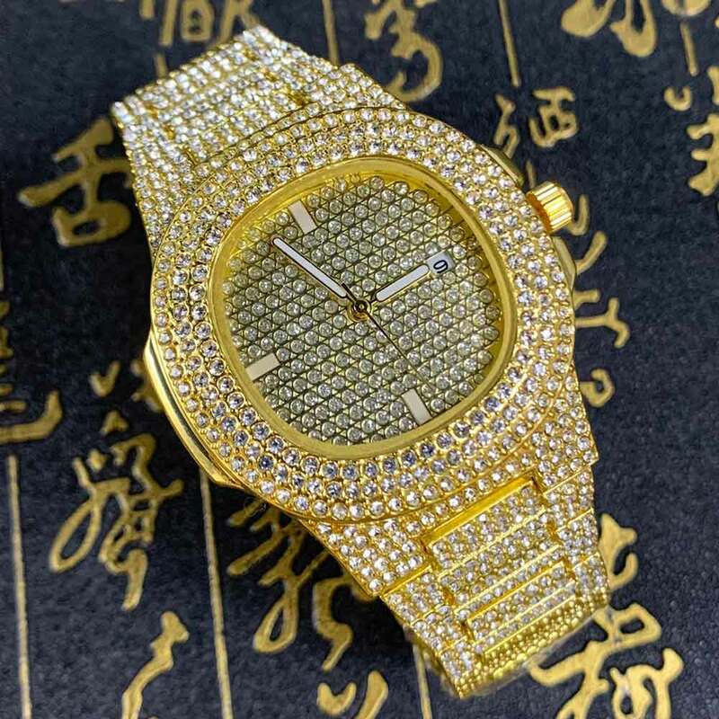 Reloj de pulsera con diamantes para hombre, cronógrafo de lujo, estilo Hip Hop, dorado, con fecha