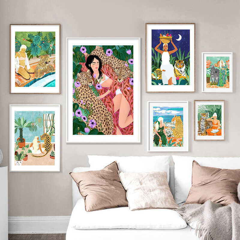 Tropical Bunte Mädchen Leopard Flamingo Blume Wand Kunst Leinwand Malerei Poster Und Drucke Wand Bilder Für Wohnzimmer Decor