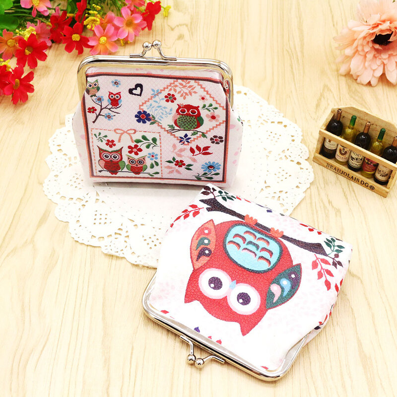 Retro Owl Pattern Coin Purse Pu Fabric Leather Key Holder Wallet Hasp Small Bag Clutch Handbag
