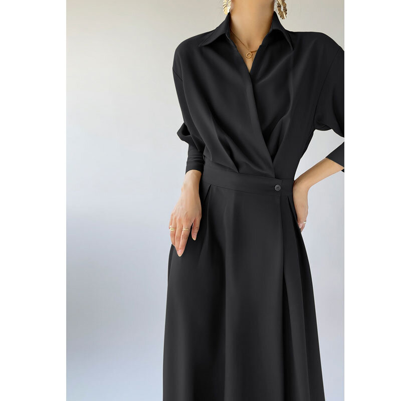 Francuski styl niszowy elegancka spódniczka Midi kobiety jesień Oversize eleganckie sukienki z rozcięciem urząd Lady Casual koreański styl sukienka jednoczęściowa