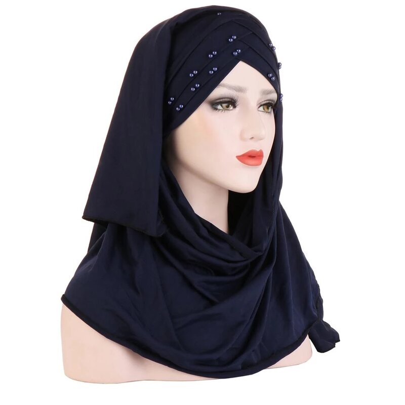 Foulard en coton pour femme musulmane, hijab uni, châles et enveloppes à perles, prêt à porter, turban, 2019