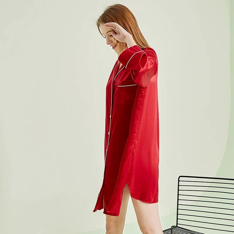 2021赤氷の絹の寝間着赤ワンピース寝間着シャツスカート模造シルクホームスカートパジャマスカート長袖ファッション