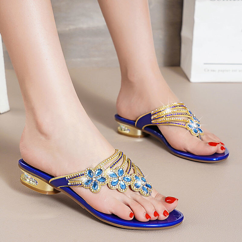 WUYAZQI Fashion women's sole heel banquet shoes diamond studded open toe women's slippers outdoor women's hot beach shoes Q