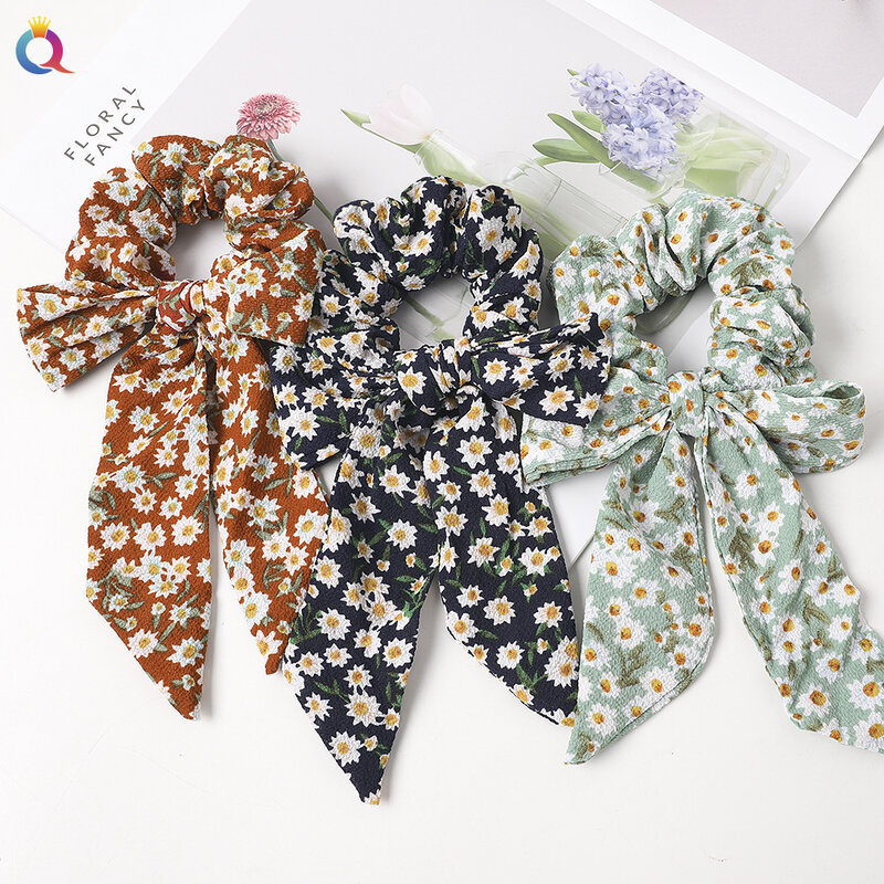 New Summer Floral Printing Bandanas Headband Elastic Hair Ribbon for Girls Handmade Daisy Flower Turban Hair Bow Band Wholesale