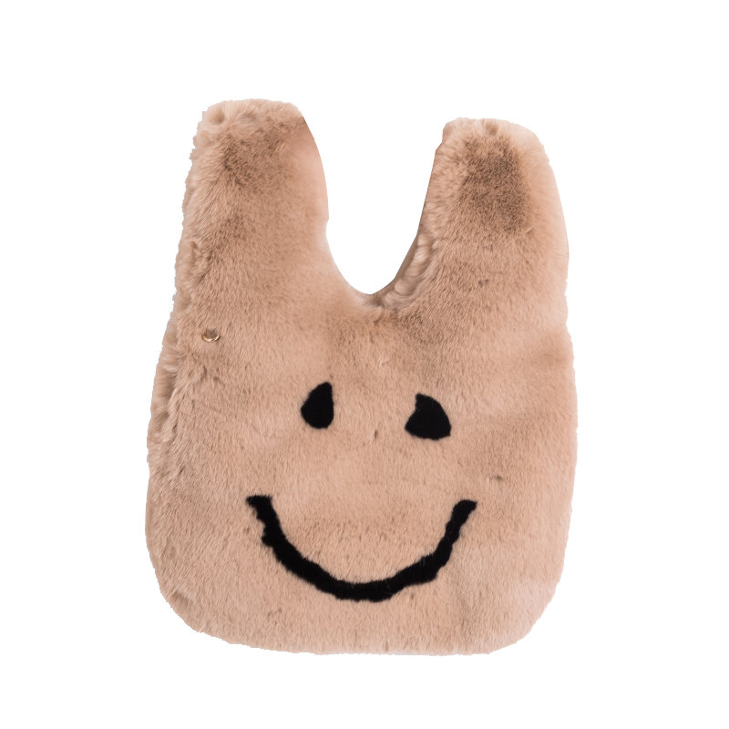 MABULA Nette Lächeln Kaninchen Fell Tote Handtasche Winter Weiche Umhängetasche mit Kette Große Kapazität