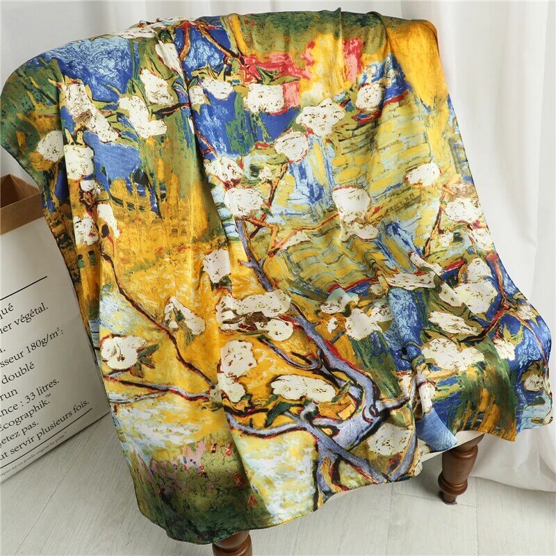 Foulard Bandana en Satin de soie pour femmes, carré imprimé, motif Floral, musulman, châle, sac enveloppant, cravate, 90x90cm