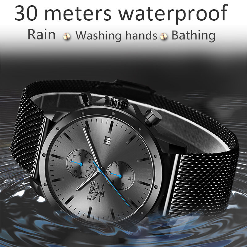 Lige relógio masculino de quartzo, relógio esportivo de aço inoxidável à prova d'água com cronógrafo