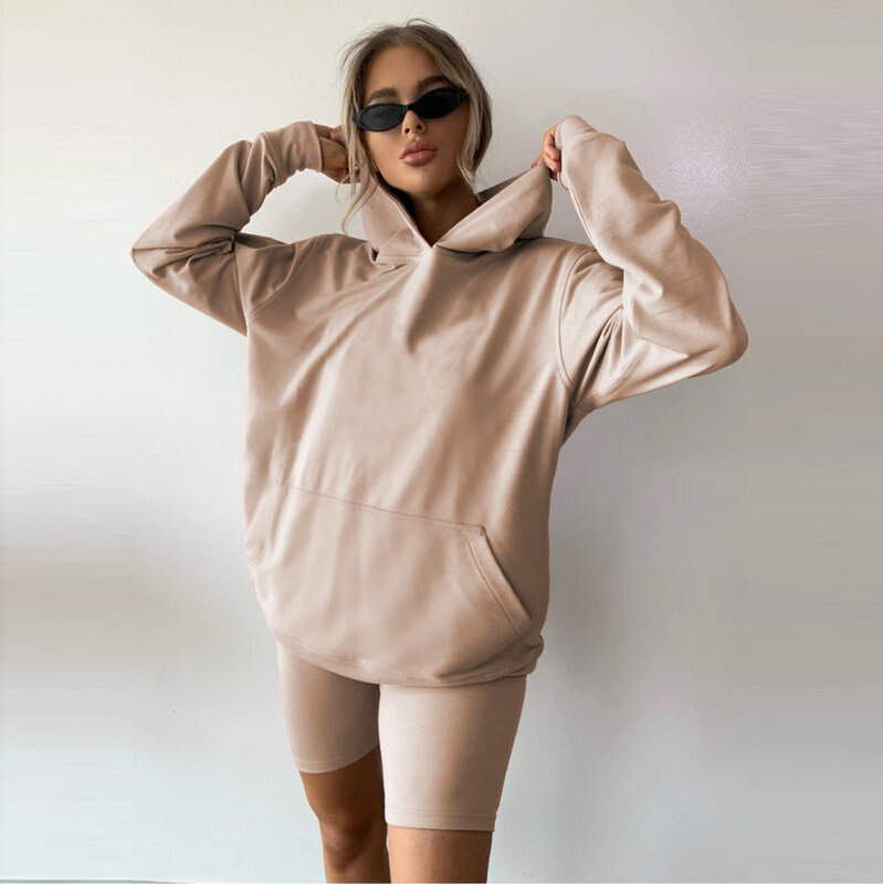 Women 2 Piece Set Long Sleeve Hoodies Skinny Shorts Joggers Female Outfits 2021 New Solid Color Sweat Suits Women Sportwear