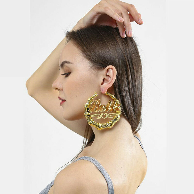 3UMeter – boucles d'oreilles avec nom en bambou pour femmes, boucles d'oreilles Hip Hop, cerceau en acrylique, personnalisées, cadeau doré, livraison directe