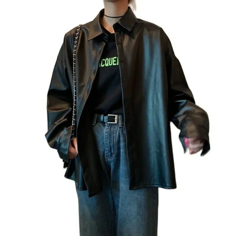 女性の合成皮革の春と秋のジャケット,基本的な衣服,折りたたまれた襟,大きいサイズ,黒,2021