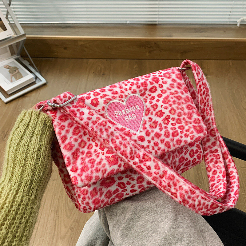 가짜 모피 플랩 가방 동물 프린트 레오파드 핸드 가방 여성 겨울 따뜻한 크로스 바디 가방 유명 브랜드 대용량 숄더 백