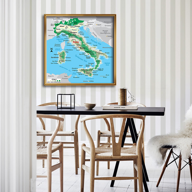 Toile Non tissée 90x90cm, carte du Terrain de l'italie, peinture vinyle, affiche murale d'art, décoration de la maison, fournitures scolaires