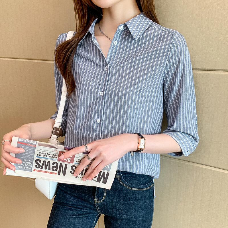 시폰 스트라이프 블라우스 여성의 새로운 캐주얼 느슨한 블라우스 패션 3 분기 슬리브 탑 버튼 폴로 셔츠