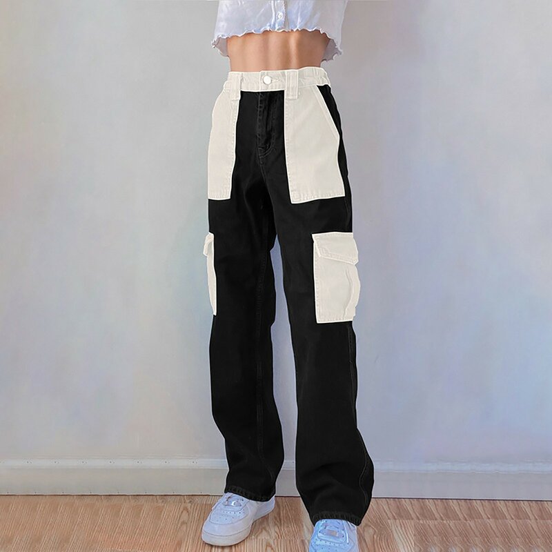 Moda wysokiej talii dżinsy z kieszeniami spodnie damskie z szerokimi nogawkami Punk koreański styl spodni Casual koreański styl Harajuku dla kobiet spodnie