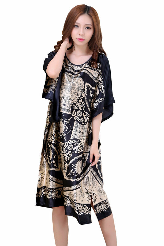 Robe de nuit en fausse soie pour femmes, grande taille, noire, motif floral, Zh07C