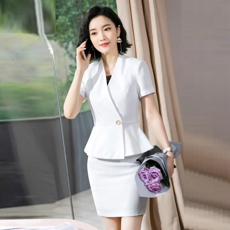 Traje de falda de manga corta para mujer, conjunto de dos piezas, uniforme de oficina, traje de trabajo de negocios DD2674
