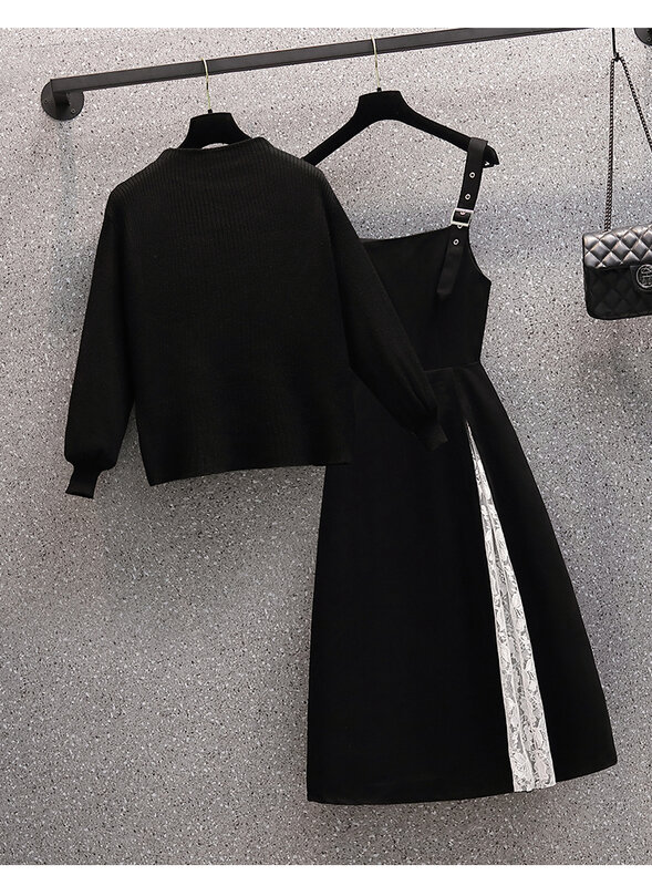Vestido elegante de retazos de encaje para mujer, traje de dos piezas de manga acampanada, suéter + línea A, otoño e invierno, novedad de 2021