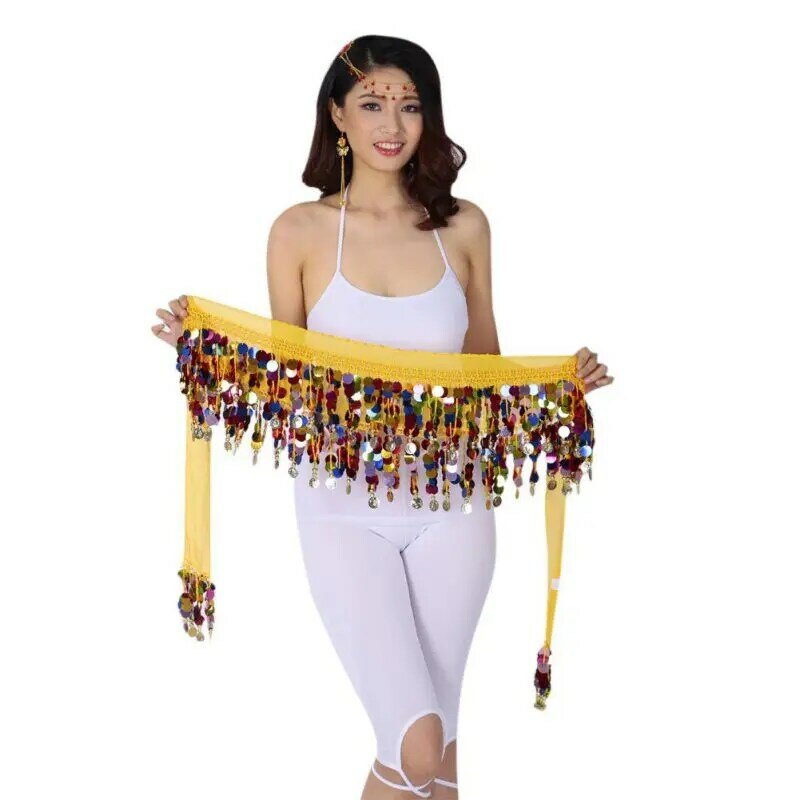 Falda de gasa para danza del vientre, cinturón envolvente con monedas doradas, lentejuelas, accesorios de baile, gran oferta, 10 colores