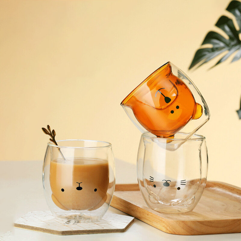 Creative Cute 2-Tier Glass Mug 280ml Anti-Scald Cartoon Animal Milk Juice Mug Office Coffee Cup Lady Cute Gift Cup Christmas Cup