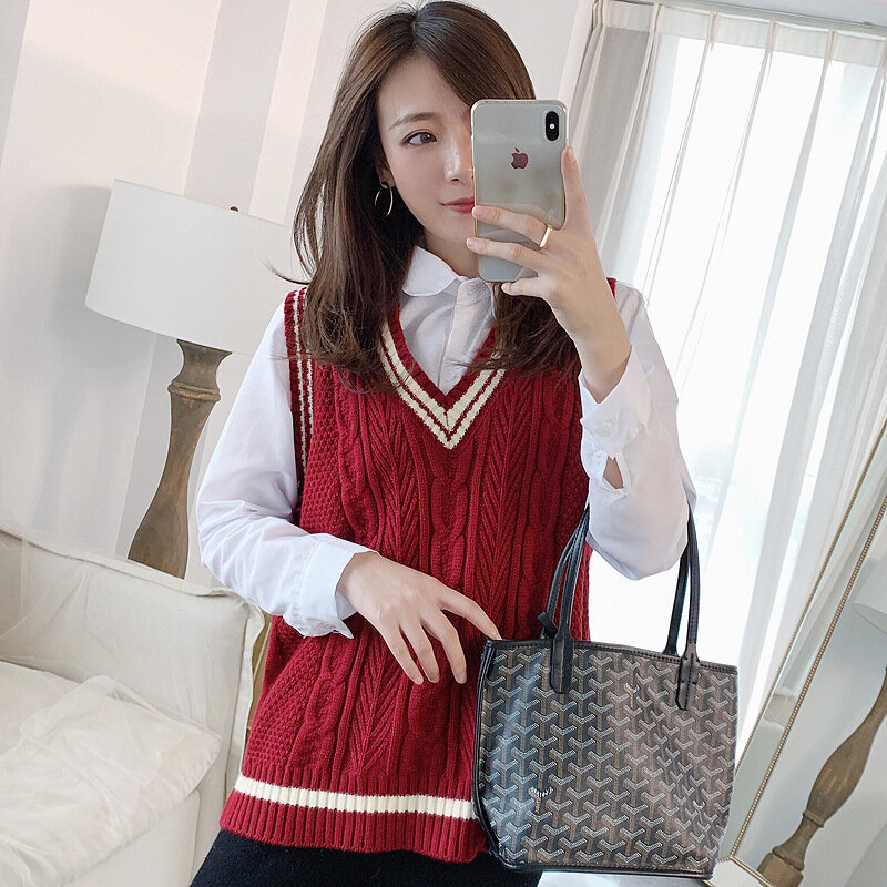 Jesień zima sweter kamizelka kobiety 2020 nowy koreański styl Preppy bez rękawów, dekolt v luźne swetry z dzianiny w stylu Casual swetry