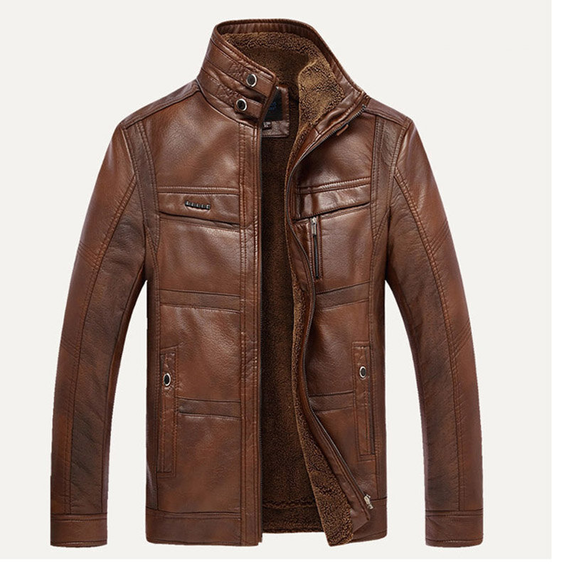 Men's Leather Jacket High Quality Solid Color Stand-Up Collar Leather Fleece Warmth Slim Coat 3 Colors 2021 New Winter Clothing