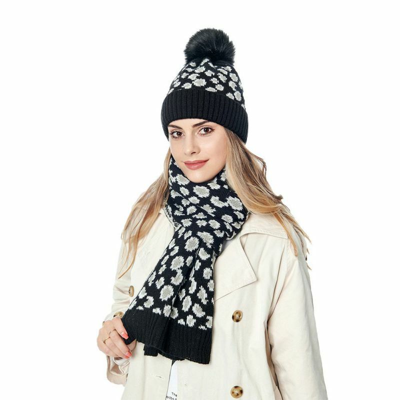 2Pcs Women's Leopard Beanie Hat Scarf Set Soft Knitted Warm Casual Warmer For Autumn Winter Outdoor Activity