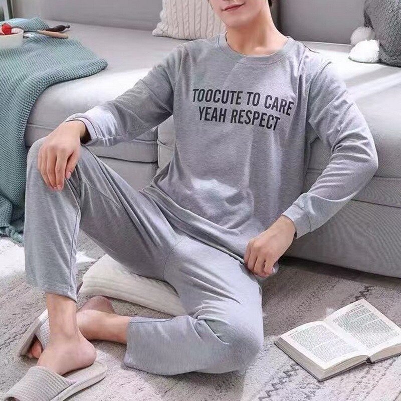 Conjunto de pijama de algodón con estampado para hombre, ropa de dormir informal de manga larga con pantalones a rayas, de talla grande, para primavera y verano