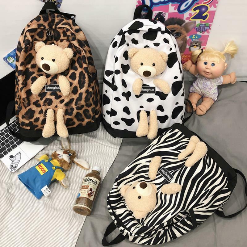 (Agic 2021 New Fashion borse a tracolla donna ragazze studente zaino in velluto Lovely Little Bear Zebra Cow Leopard Bag