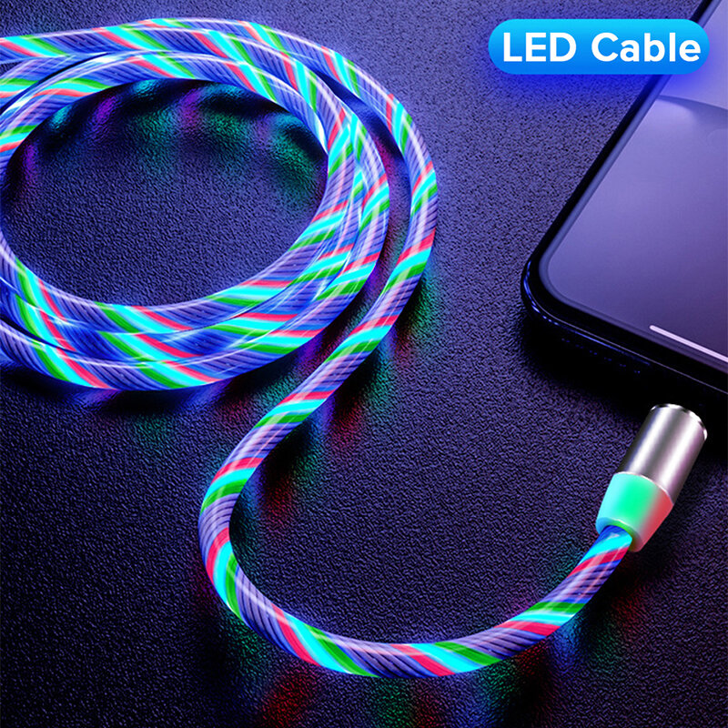 Kabel Pengisi Daya Magnetis Aliran Cahaya LED Lampu Menyala Pengisian Daya Cepat USB Mikro Tipe C untuk Ponsel iPhone Android Kabel Kawat USBC
