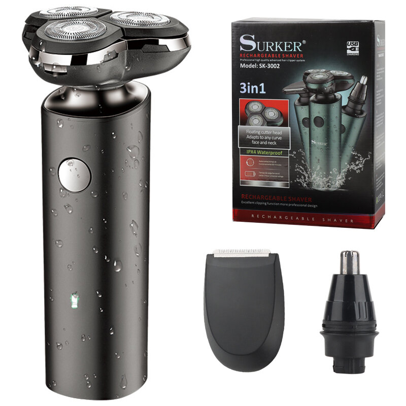 Surker-Afeitadora eléctrica 3 en 1 para hombre, afeitadora de barba en seco y húmedo, recargable, lavable, cabezal 3D, cuchillas duales