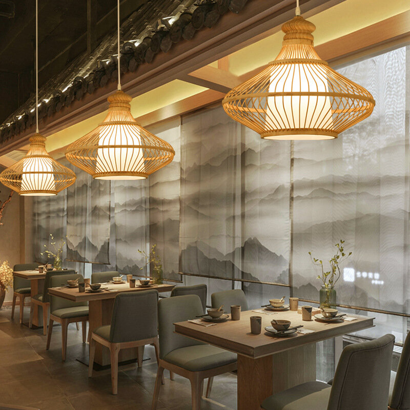 Chinese Bamboo Retro Hanging Light Fixtures Wicker Pendant  Light Living Room Hotel Restaurant Aisle Hanging Lamp Decor