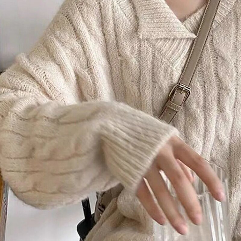 Vrouwen Truien En Pullovers Herfst Kraag Mid-Lengte Losse Plain Gebreide Top Koreaanse Mode Dame Winter Kleding