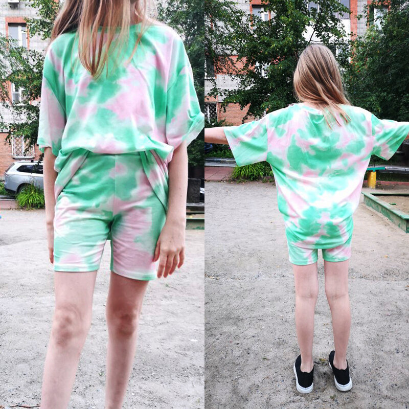 Iamhotty tie dye impressão básica camiseta shorts duas peças conjunto feminino casual roupa de salão jogging femme biker shorts summ
