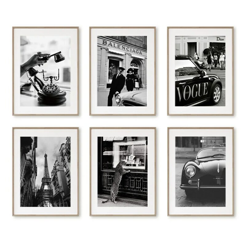 สีดำสีขาว Vogue Paris หรูหรา Vintage รถสไตล์ Nordic Wall Art ภาพวาดผ้าใบโปสเตอร์และพิมพ์ห้องนั่งเล่นตกแต่งภายใน