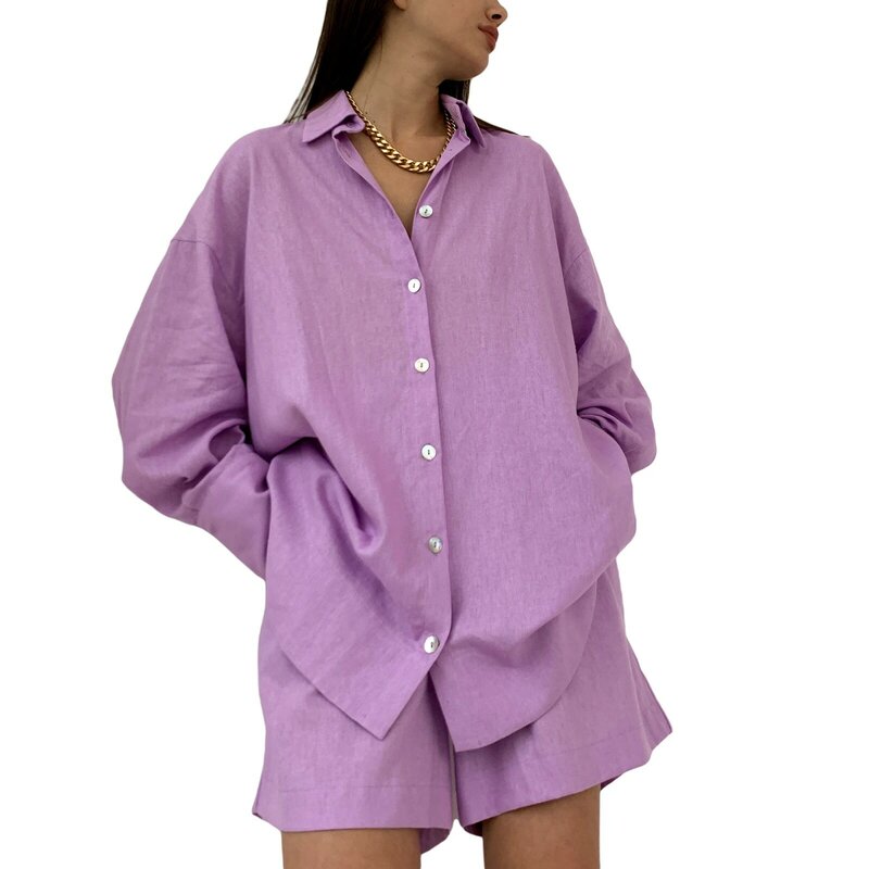 Chándal de verano para mujer, camiseta de manga larga de Color liso con botonadura única + Pantalones cortos holgados de cintura elástica, 4 colores, 2 uds.