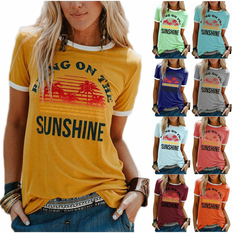 Camiseta con estampado de letras "Bring On The Sunshine" para mujer, ropa informal de manga corta con cuello redondo, novedad