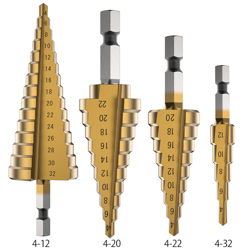 Hss step drill bit set cone hole cutter Taper metric 4 - 12 / 20 / 22/32mm 1 / 4 "titanium coated metal hex core drill bits
