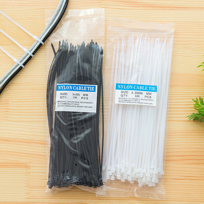 100pcs/set Ties UV Weather Resistant Black White Tie Back Strap Ribbon Self Stuck Nylon Cable Tie Wrap ZipTies Packed 15/20CM