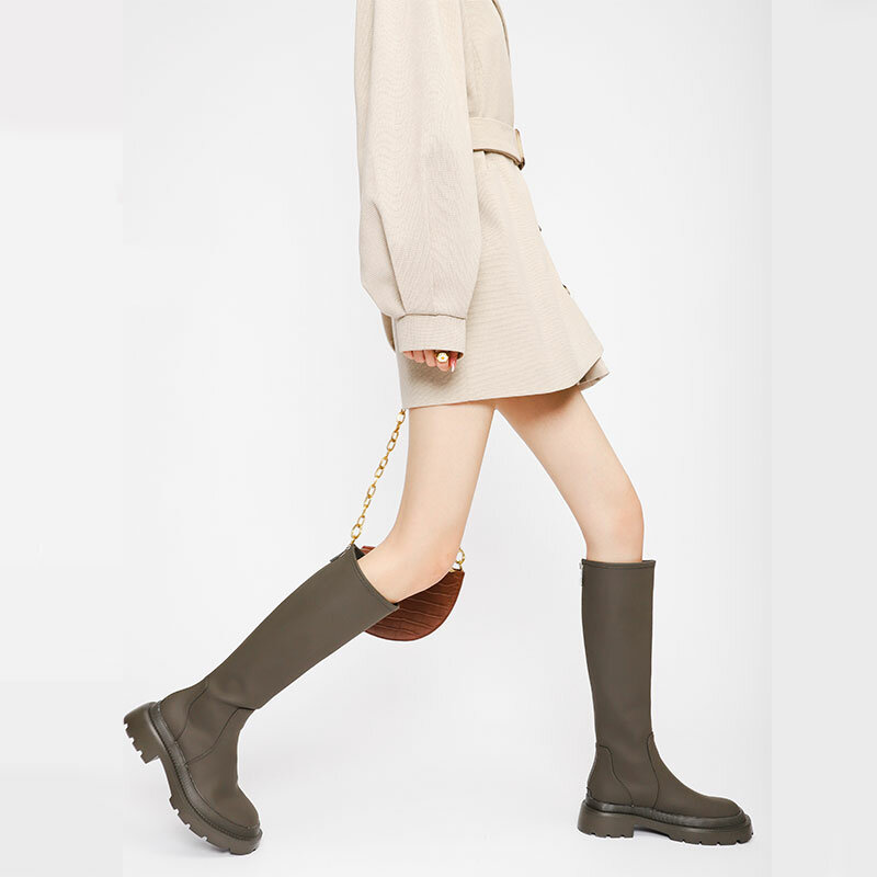 ZA – bottes hautes en cuir véritable pour femme, chaussures chaudes à enfiler, longues, peluche, nouvelle mode, hiver, 2021