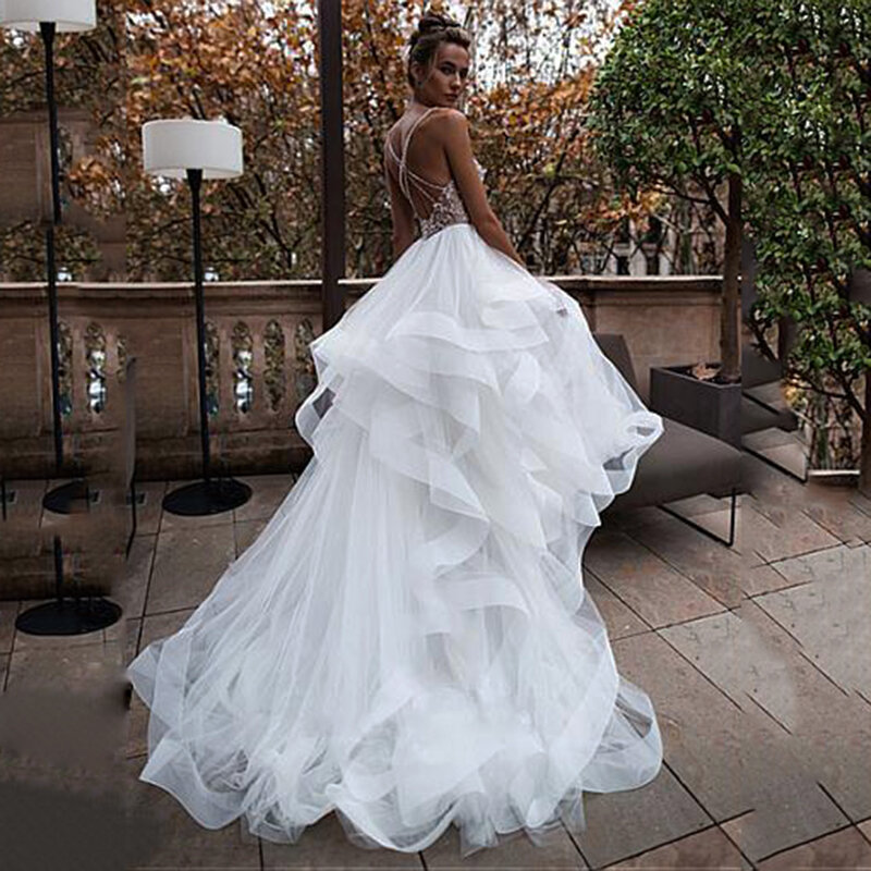 فستان زفاف من Pluse مقاس 2021 مثير على شكل حرف V بدون ظهر فستان زفاف مع خرزة فساتين زفاف الأميرة vestido de festa